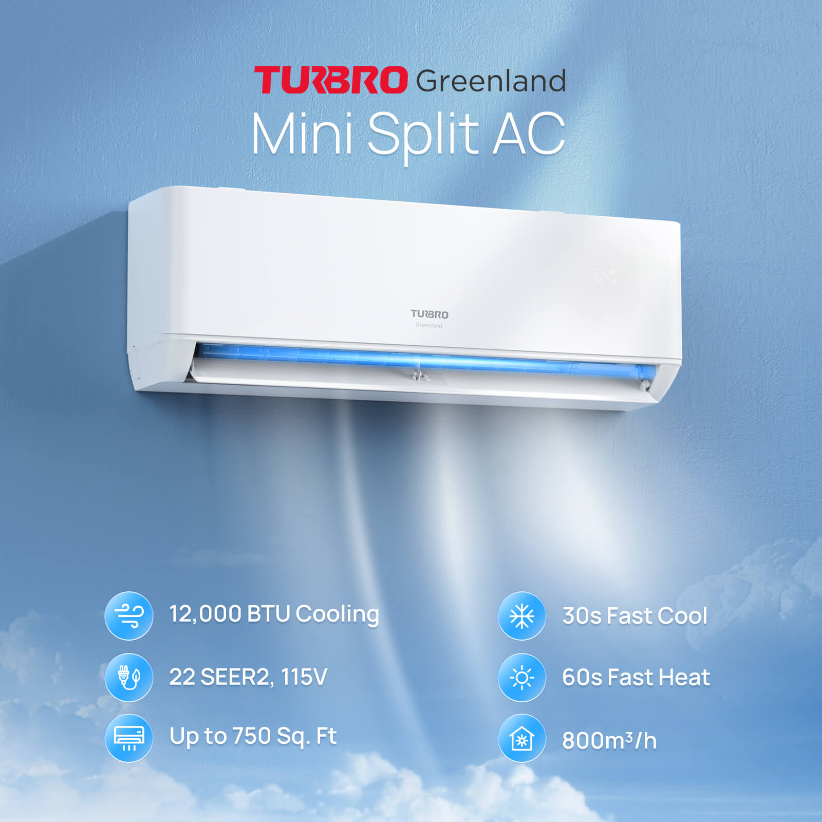 Greenland 12,000 BTU WiFi Ductless Mini Split AC with Heat Pump (R454B)