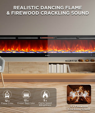 In Flames INF98W-3D WiFi Smart Wall Mounted Electric Fireplace - Tempered Glass
