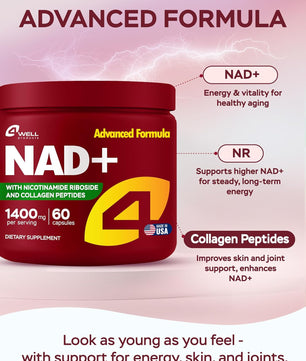 NAD Plus Supplement 1400mg with Nicotinamide Riboside, Collagen - 60 Capsules