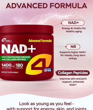 NAD Plus Supplement 1400mg with Nicotinamide Riboside, Collagen - 180 Capsules