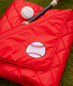 Baseball on Red Puffer Blanket