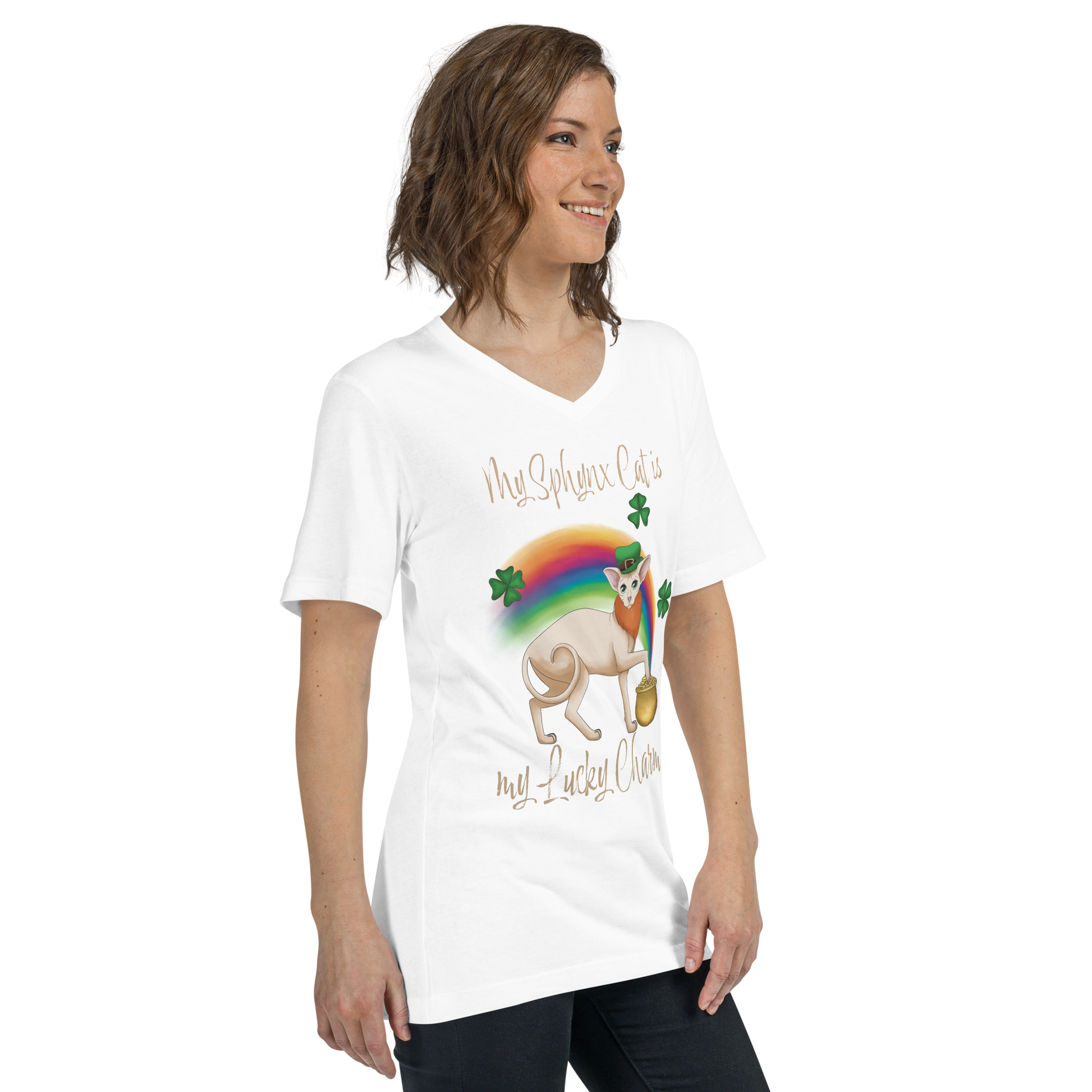"MY SPHYNX CAT IS MY LUCKY CHARM" - V-NECK UNISEX TEE